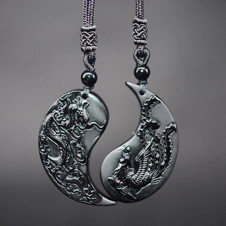 YIN YANG Obsidian Taichi Drage and Føniks Halskjede-jewelry-Norskova-Norskova